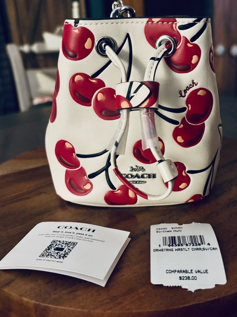 Coach Drawstring Wristlet Cherry Print Chalk Multi NWT CZ030 Mini Bucket Bag